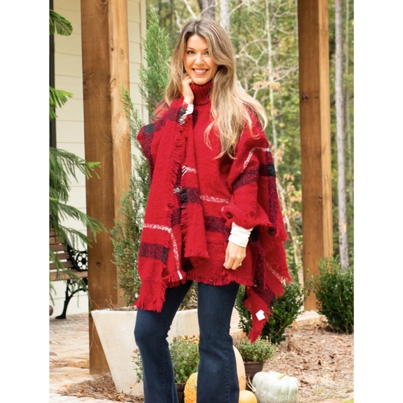Easy On Me Plaid Turtleneck Poncho - Red - Picture 3 of 10